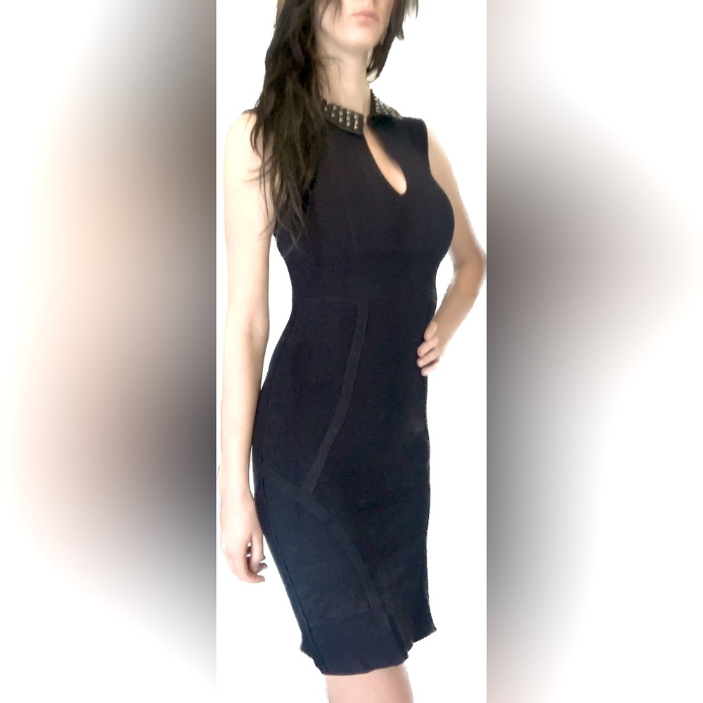 Guess Black Keyhole Bandage Dress with Faux Leather Studded Collar